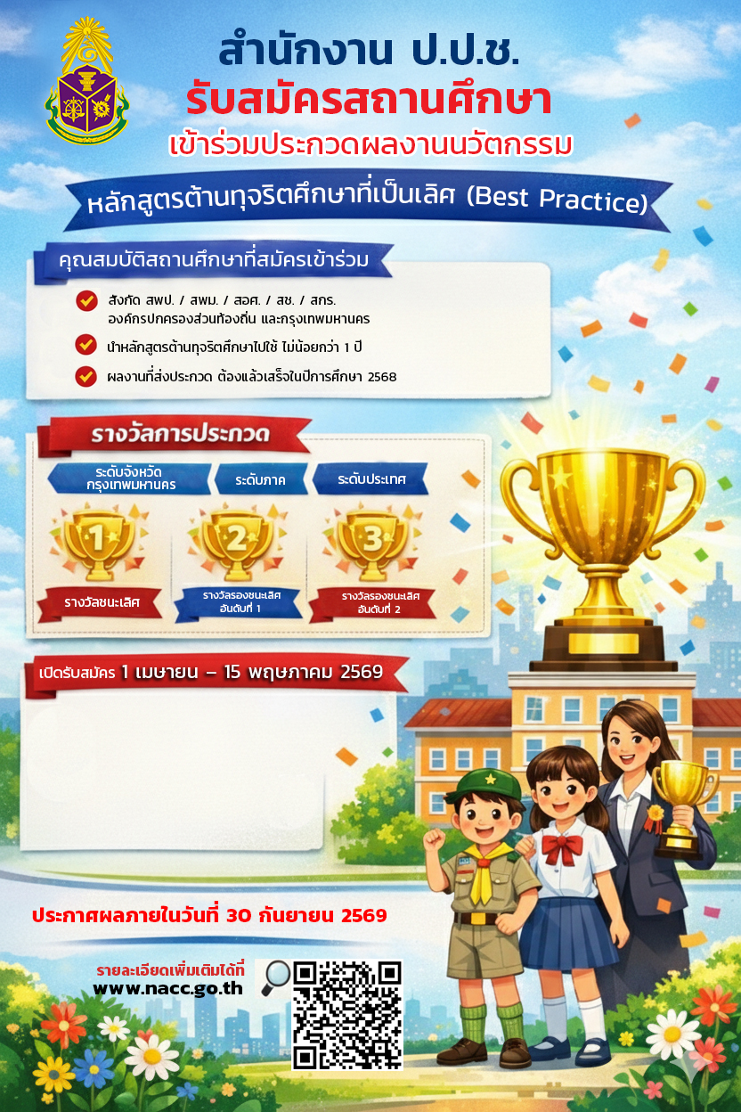 ป.ป.ช. เปิดรับสมัครสถานศึกษาเข้าร่วมการประกวดผลงานนวัตกรรมการใช้หลักสูตรต้านทุจริตศึกษาที่เป็นเลิศ (Best Practice)